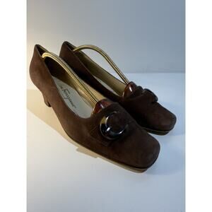 Vintage Salvatore Ferragamo Boutique Brown Suede Square Toe Pumps Tortoise 7 B